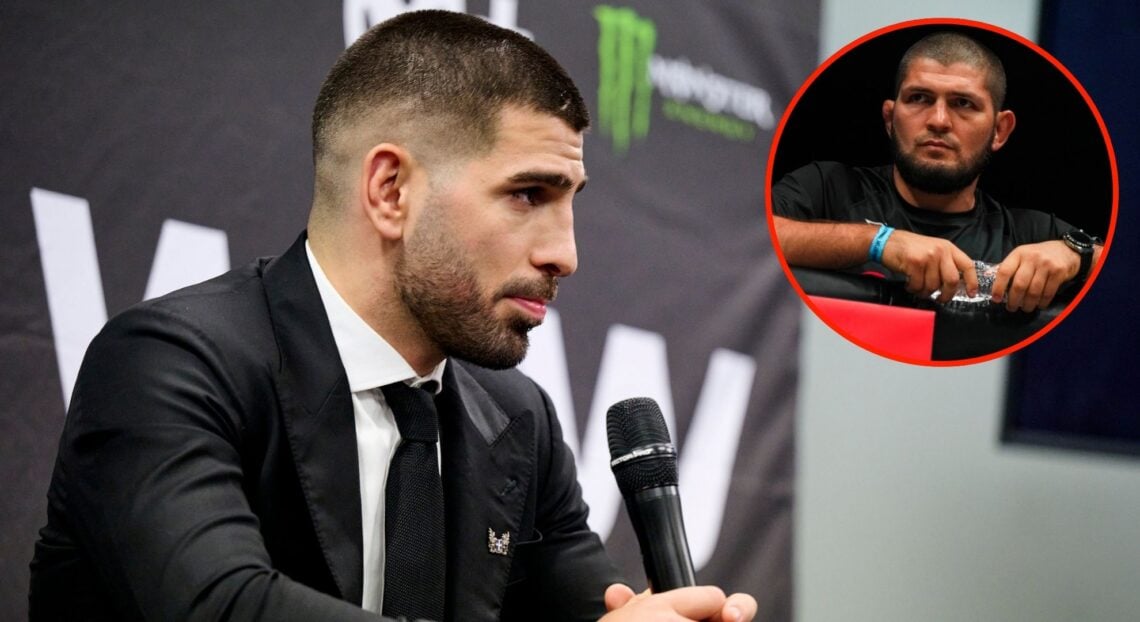 Image of Ilia Topuria. Inset, Khabib Nurmagomedov