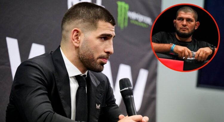 Image of Ilia Topuria. Inset, Khabib Nurmagomedov