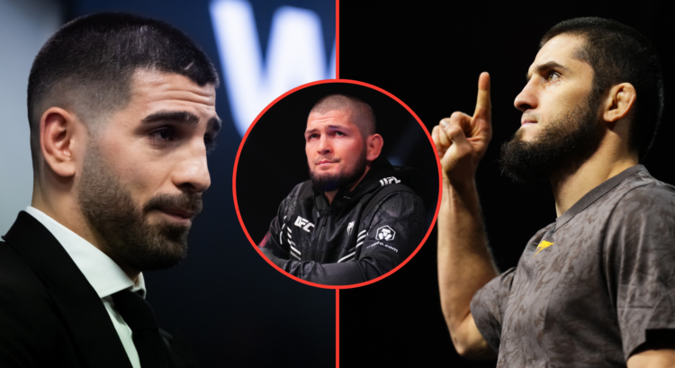 Ilia Topuria speaks at the press room during the WOW 17 at Madrid Arena with an inset of Coach Khabib Nurmagomedov stands in the corner of Umar Nur...
