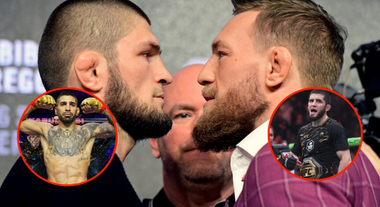 Conor McGregor and Khabib Nurmagomedov face off at a press conference, inset Ilia Topuria and Islam Makhachev.