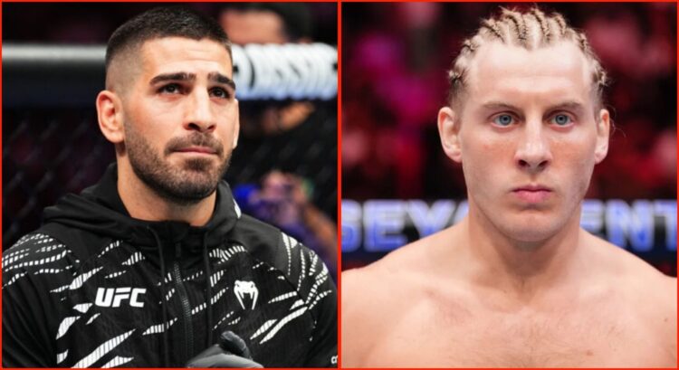 Ilia Topuria corners a teammate at UFC 312 in Australia, opposite Paddy Pimblett in the cage at UFC 314