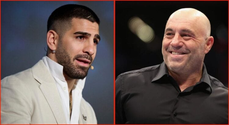 Split image of Ilia Topuria speaking and Joe Rogan smiling