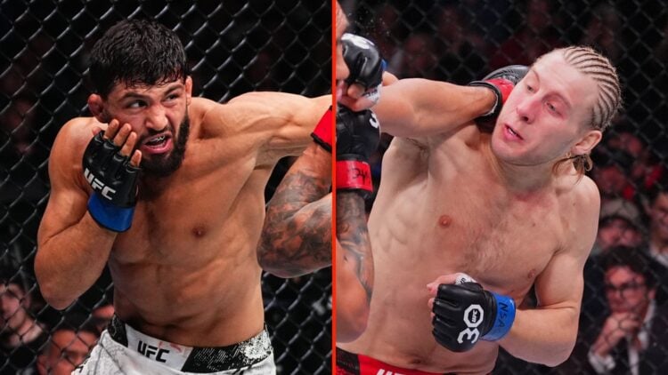 Arman Tsarukyan of Georgia punches Charles Oliveira of Brazil in a lightweight fight, and Paddy Pimblett of England punches Tony Ferguson in a ligh...