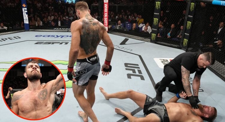 Image of Nikita Krylov vs Alexander Gustafsson. Inset, Krylov