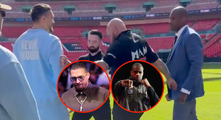 Oleksandr Usyk and Daniel Dubois separated by security during face off with insets of Usyk ringside at Dubois vs Joshua, and Dubois during media wo...