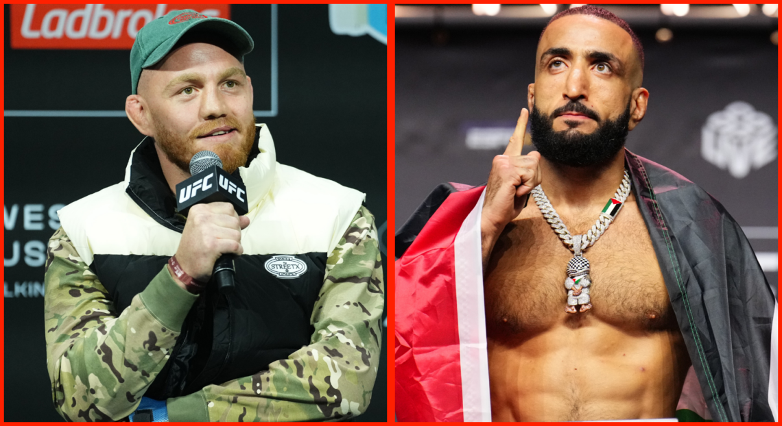 Split image of Jack Della Maddalena at a fan Q+A, opposite Belal Muhammad at the UFC 304 ceremonial weigh-in.