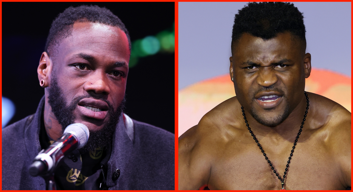 Split image of Deontay Wilder speaking at the Artur Beterbiev vs. Dmitry Bivol 1 press conference, opposite Francis Ngannou at the ceremonial weigh...