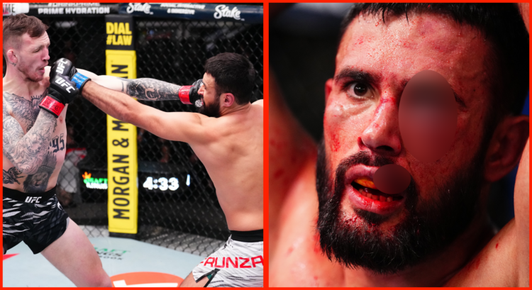 Split image of Rhys McKee punching Daniel Frunza, opposite Frunza's reaction after UFC Vegas 105.