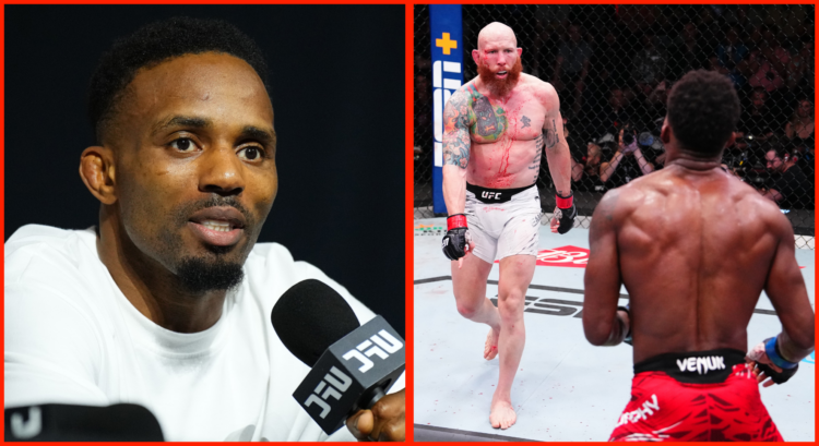 Split image of Lerone Murphy at the UFC 308 press conference, opposite Murphy and Josh Emmett battling at UFC Vegas 105.
