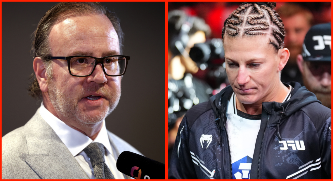 Split image of Donn Davis speaking at a seminar, opposite Kayla Harrison walking out at UFC 307.