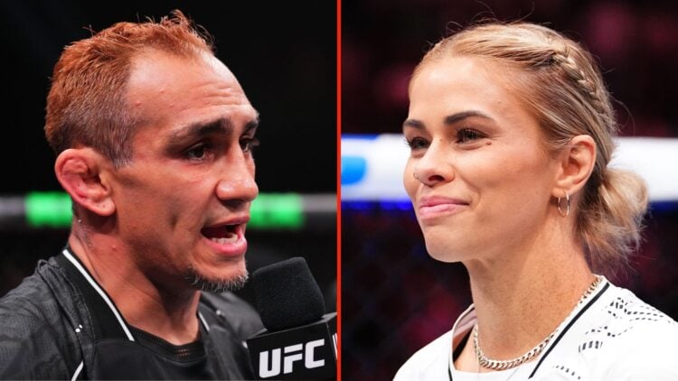 Split image as Tony Ferguson is interviewed after being submitted, and Paige VanZant is seen in the corner of her husband