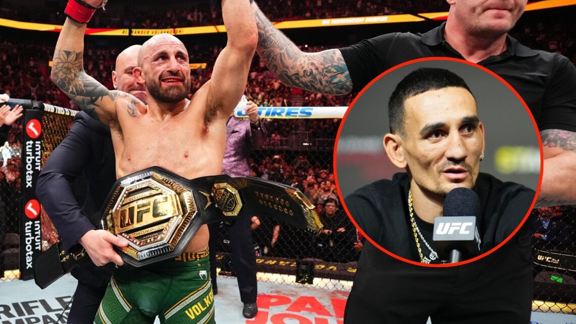 Alexander Volkanovski of Australia reacts after his unanimous-decision victory against Diego Lopes of Brazil. Inset, Max Holloway.