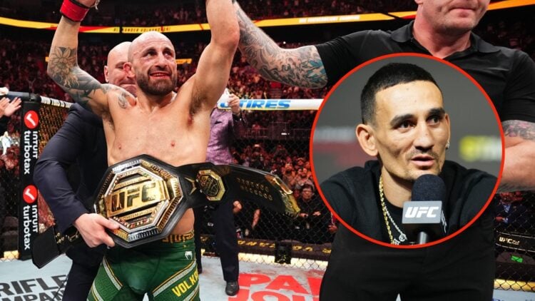 Alexander Volkanovski of Australia reacts after his unanimous-decision victory against Diego Lopes of Brazil. Inset, Max Holloway.