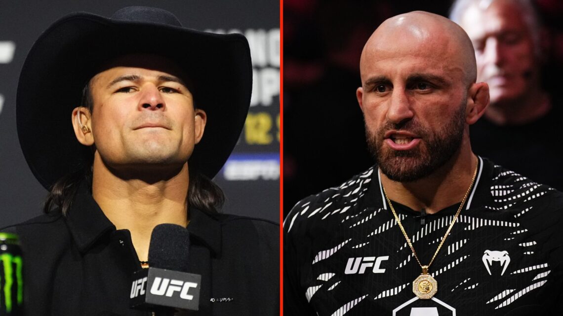 Split image as Alexander Volkanovski is seen in the corner of Colby Thicknesse of Australia, and Diego Lopes is seen on stage during the UFC 314