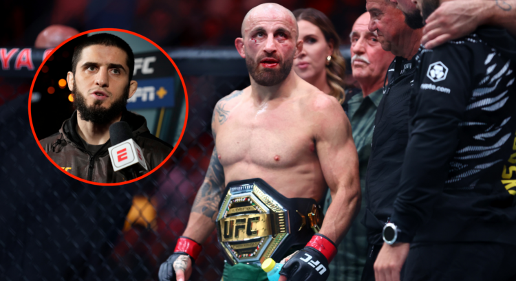 Alexander Volkanovski of Australia celebrates after defeating Diego Lopes of Brazil to win the featherweight title during UFC 314 with an inset of ...