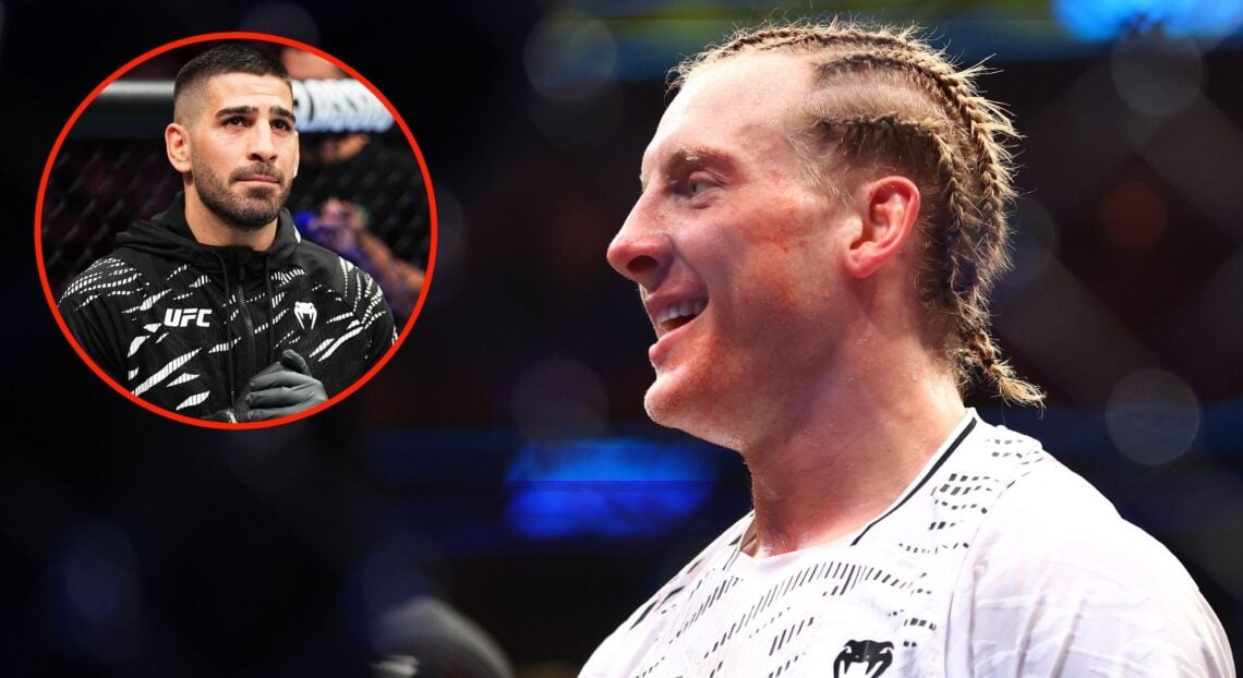 Paddy Pimblett celebrates after defeating Michael Chandler at UFC 314, inset Ilia Topuria after cornering a teammate at UFC 312