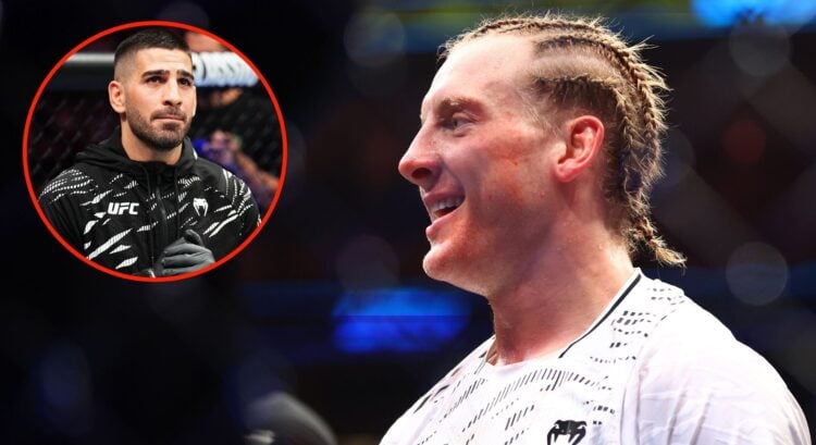 Paddy Pimblett celebrates after defeating Michael Chandler at UFC 314, inset Ilia Topuria after cornering a teammate at UFC 312