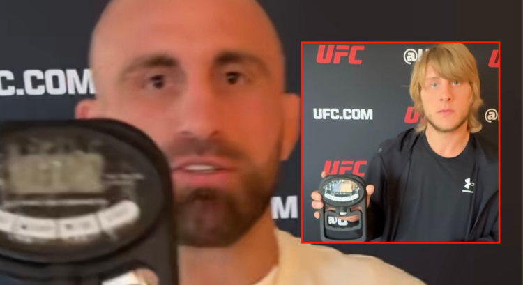 Alexander Volkanovski takes part in a grip strength test ahead of UFC 314 with an inset of Paddy Pimblett also doing a grip strength test