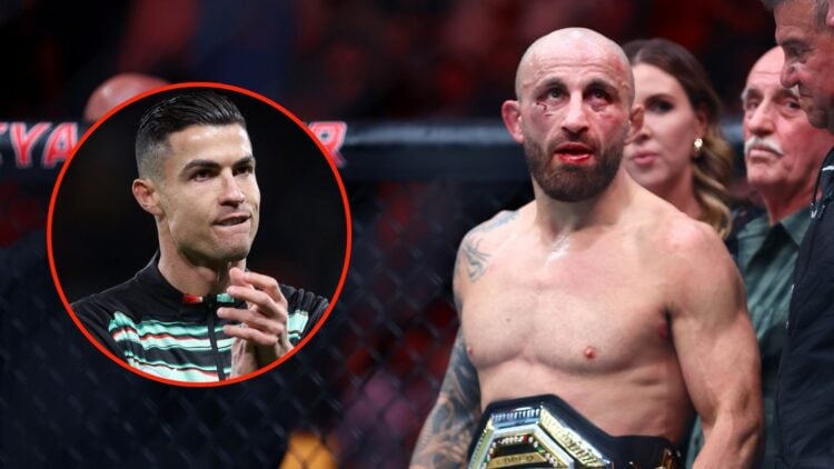 Alexander Volkanovski of Australia celebrates after defeating Diego Lopes of Brazil to win the featherweight title. Inset, Cristiano Ronaldo.