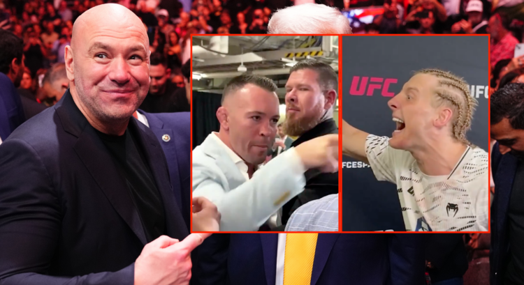 President Donald Trump attends the UFC 314 event alongside UFC President and CEO Dana White at Kaseya Center with insets of Colby Covington and Pad...