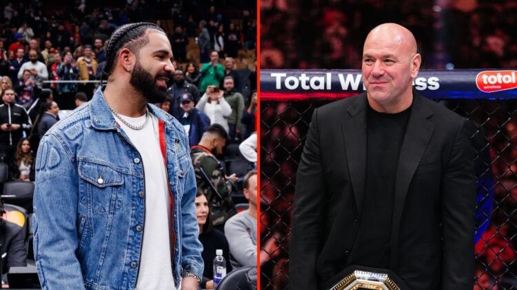 Rapper Drake greets Jayson Tatum #0 of the Boston Celtics after their NBA In-Season Tournament game, and UFC CEO Dana White prepares to place the b...