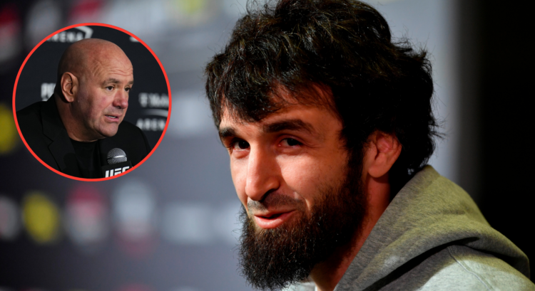 Zabit Magomedsharipov of Russia interacts with media during UFC Fight Night Ultimate Media Day with an inset of UFC CEO Dana White holds a press co...