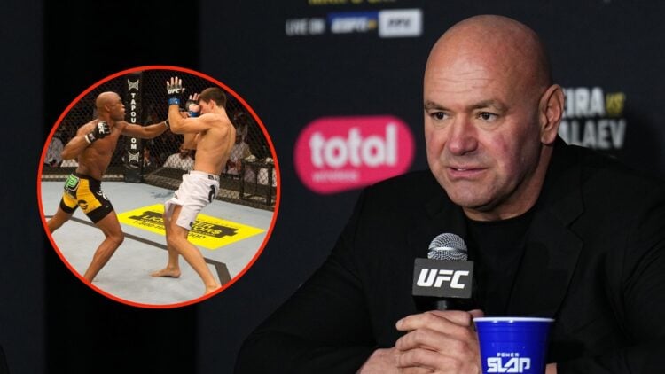 UFC CEO Dana White holds a press conference after the UFC 313 event. Inset, Anderson Silva vs Demian Maia.