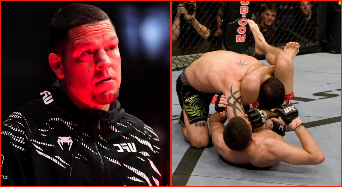 Split image of Nate Diaz cornering Kron Gracie at UFC 310, opposite Diaz submitting Kurt Pellegrino.