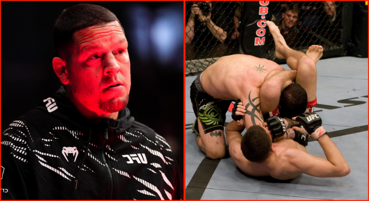 Split image of Nate Diaz cornering Kron Gracie at UFC 310, opposite Diaz submitting Kurt Pellegrino.