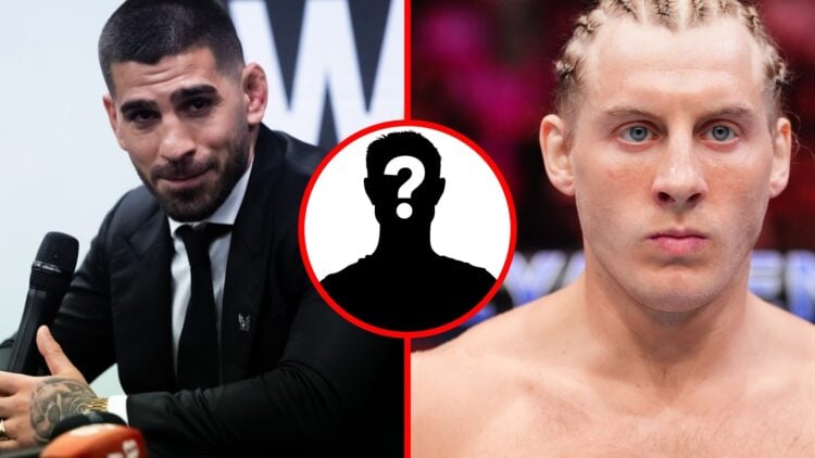 Split image of Ilia Topuria at a press conference and Paddy Pimblett during UFC 314