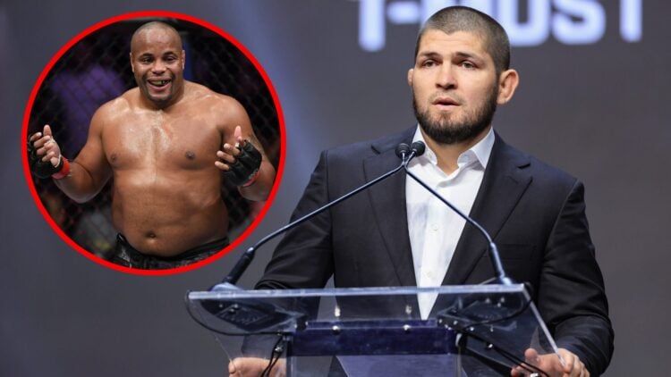 Image of Khabib Nurmagomedov being inducted into the UFC Hall of Fame with an inset of Daniel Cormier during his fight with Derrick Lewis at UFC 230