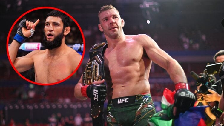 Image of Dricus du Plessis posing his belt at UFC 312, with an inset of Khamzat Chimaev