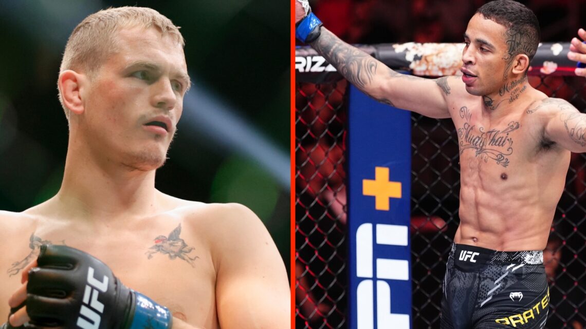 Split image of Ian Machado Garry preparing for his UFC 310 fight and Carlos Prates reacts to his KO win over Charles Radtke