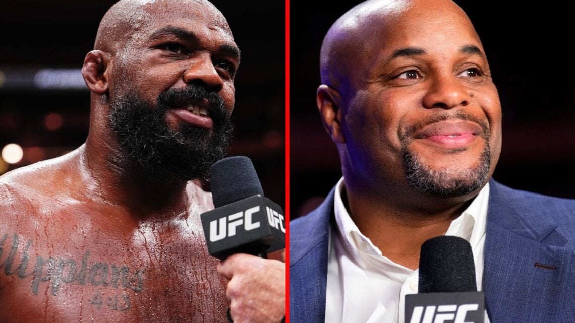 Jon Jones photographed during a UFC post-fight interview and Daniel Cormier working as a UFC analyst