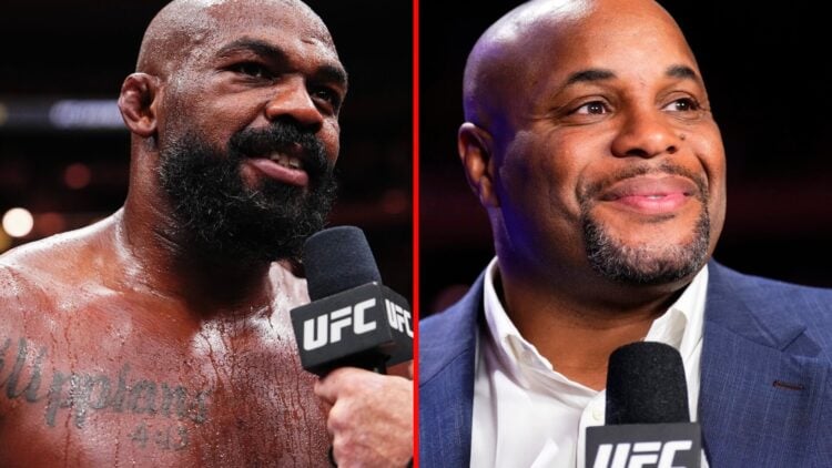 Jon Jones photographed during a UFC post-fight interview and Daniel Cormier working as a UFC analyst