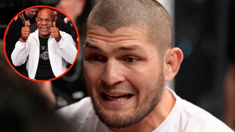Khabib Nurmagomedov gives corner advice to his fighter with an inset of Mike Tyson in attendance at UFC 300