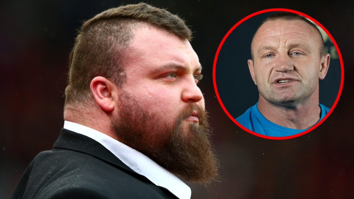 Image of Eddie Hall at a football game, with an inset of Mariusz Pudzianowski speaking at KSW 51 media day