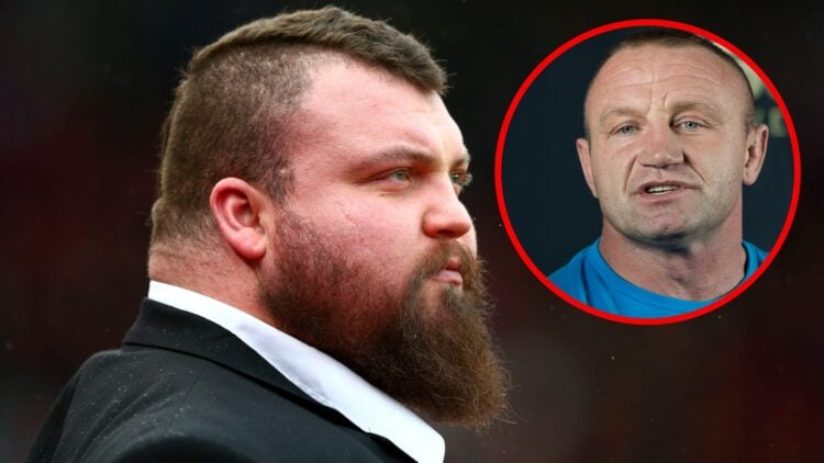 Image of Eddie Hall at a football game, with an inset of Mariusz Pudzianowski speaking at KSW 51 media day