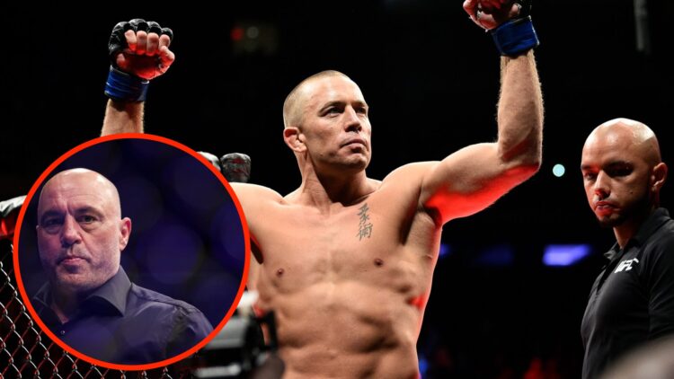 Georges St-Pierre moments before his UFC 217 fight with an inset of Joe Rogan in attendance at UFC 273