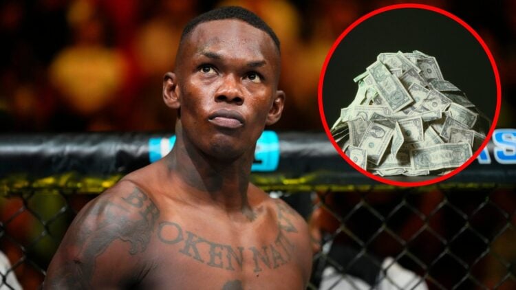 Image of Israel Adesanya preparing to fight at UFC 287 with an inset of stacked US dollars