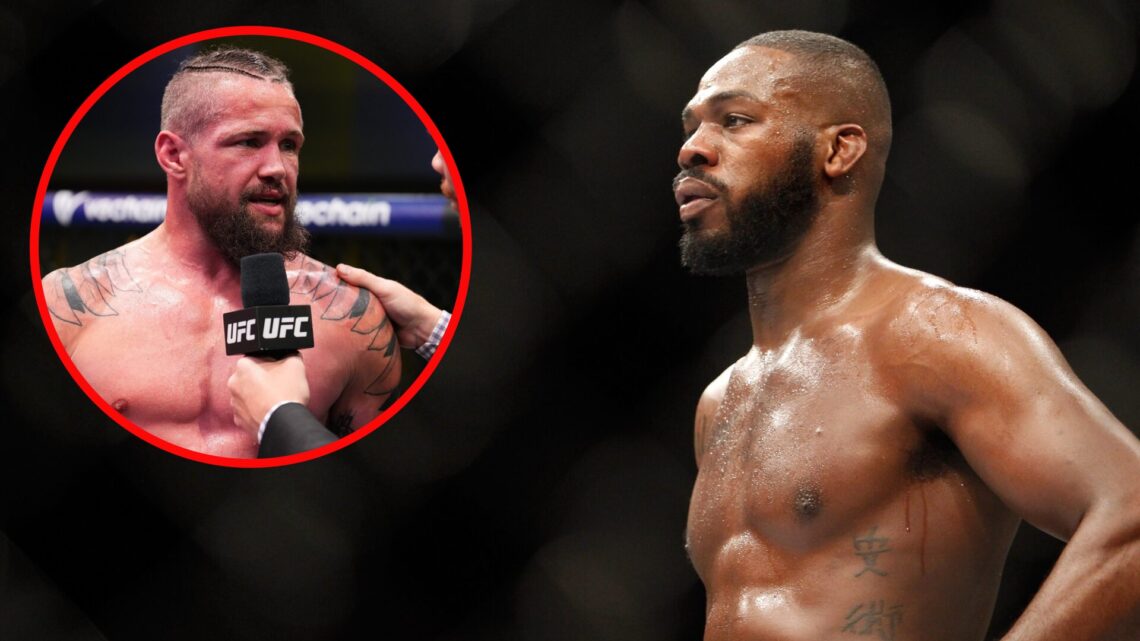 Image of Jon Jones waiting in a timeout at UFC 182 with an inset of Nicolas Dalby giving a post-fight interview after his win over Muslim Salikhov