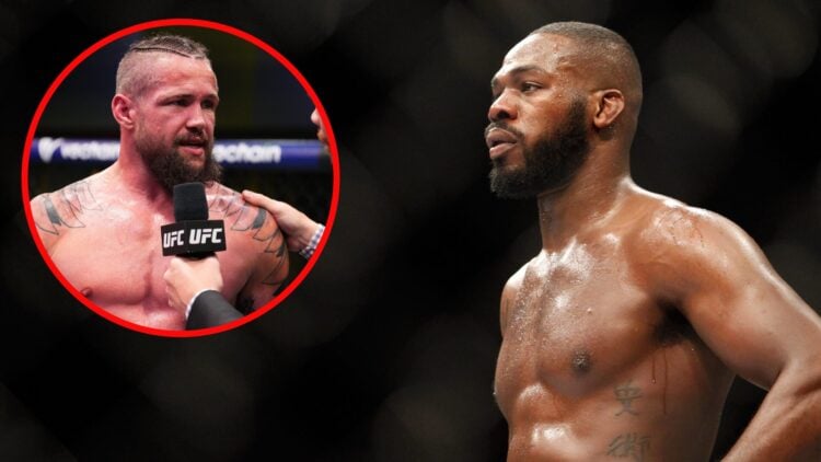 Image of Jon Jones waiting in a timeout at UFC 182 with an inset of Nicolas Dalby giving a post-fight interview after his win over Muslim Salikhov