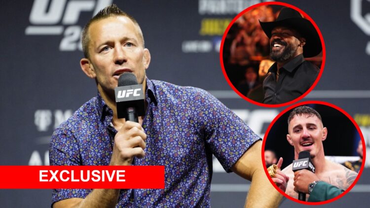 Georges St-Pierre speaks at the UFC 290 press conference with insets of Jon Jones in attendance at UFC 306 and Tom Aspinall speaking after his UFC ...