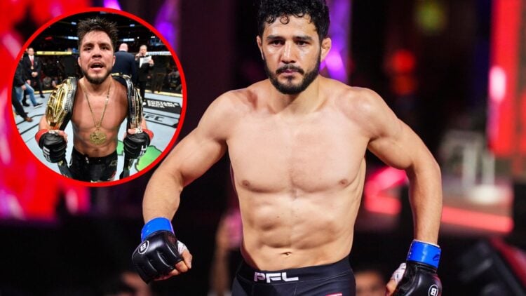 Aaron Pico walks out at PFL vs Bellator event for his fight with Henry Corrales with an inset of Henry Cejudo celebrating his victory over Marlon M...