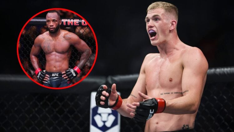 Ian Garry reacts at UFC 273 with an inset of Leon Edwards