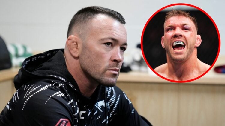 Colby Covington waits in his locker room ahead of his fight with Joaquin Buckley in Tampa with an inset of Dricus du Plessis in-between rounds at U...