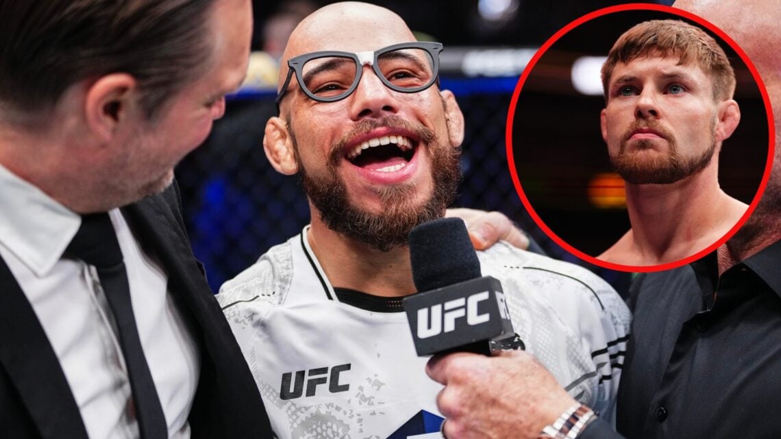 Jean Silva talks to Joe Rogan after his win over Bryce Mitchell at UFC 314 with an inset of Mitchell looking on ahead of the fight