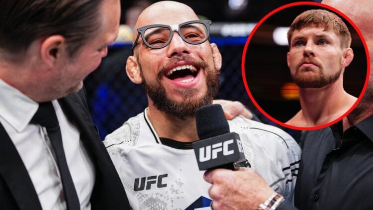 Jean Silva talks to Joe Rogan after his win over Bryce Mitchell at UFC 314 with an inset of Mitchell looking on ahead of the fight