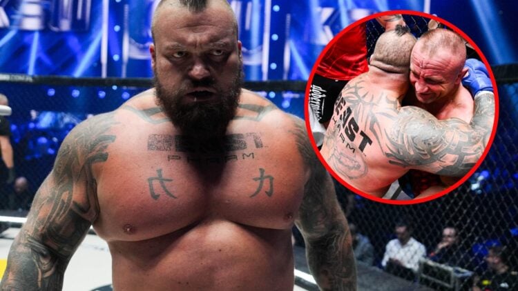 Image of Eddie Hall and Mariusz Pudzianowski embracing after their fight at KSW 105
