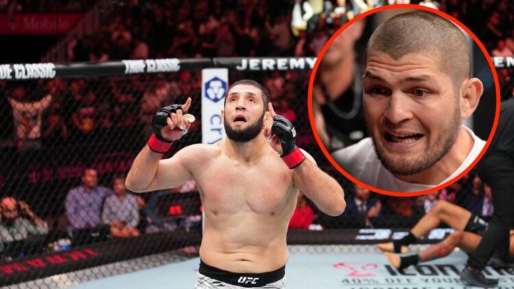 Ikram Aliskerov reacts following KO win at UFC Kansas City with an inset of Khabib Nurmagomedov giving advice to his fighter